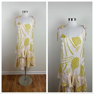 FRNCH Paris Blush Pink Green Tropical Floral Ruffle Dress Women Medium